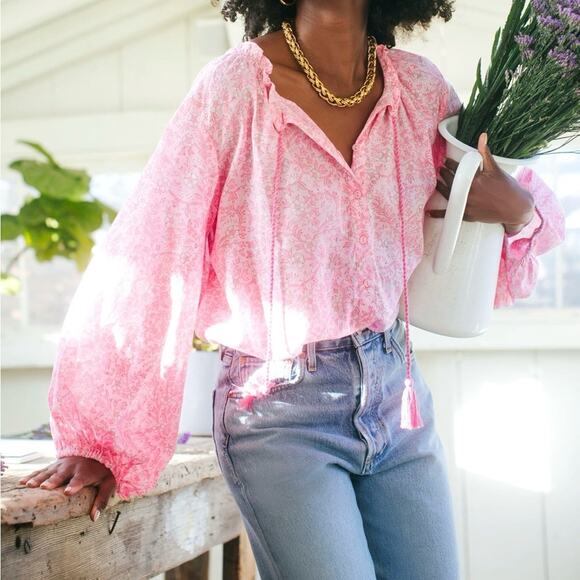 India Collection by Emerson Fry Crocus Bardot Pink Floral Balloon Sleeve Top S - Picture 1 of 13